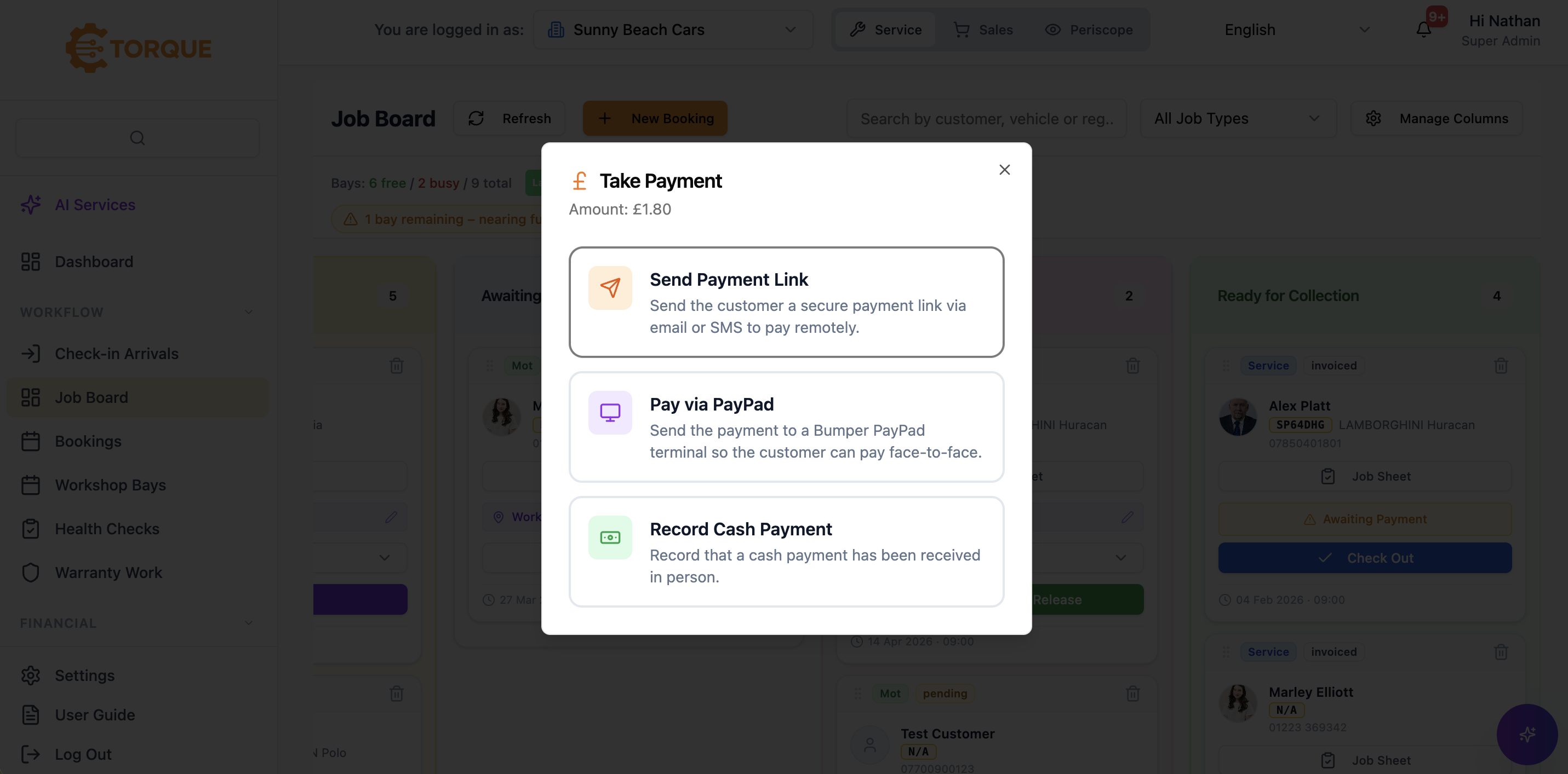 Take Payment modal showing Send Payment Link, PayPad, and cash options