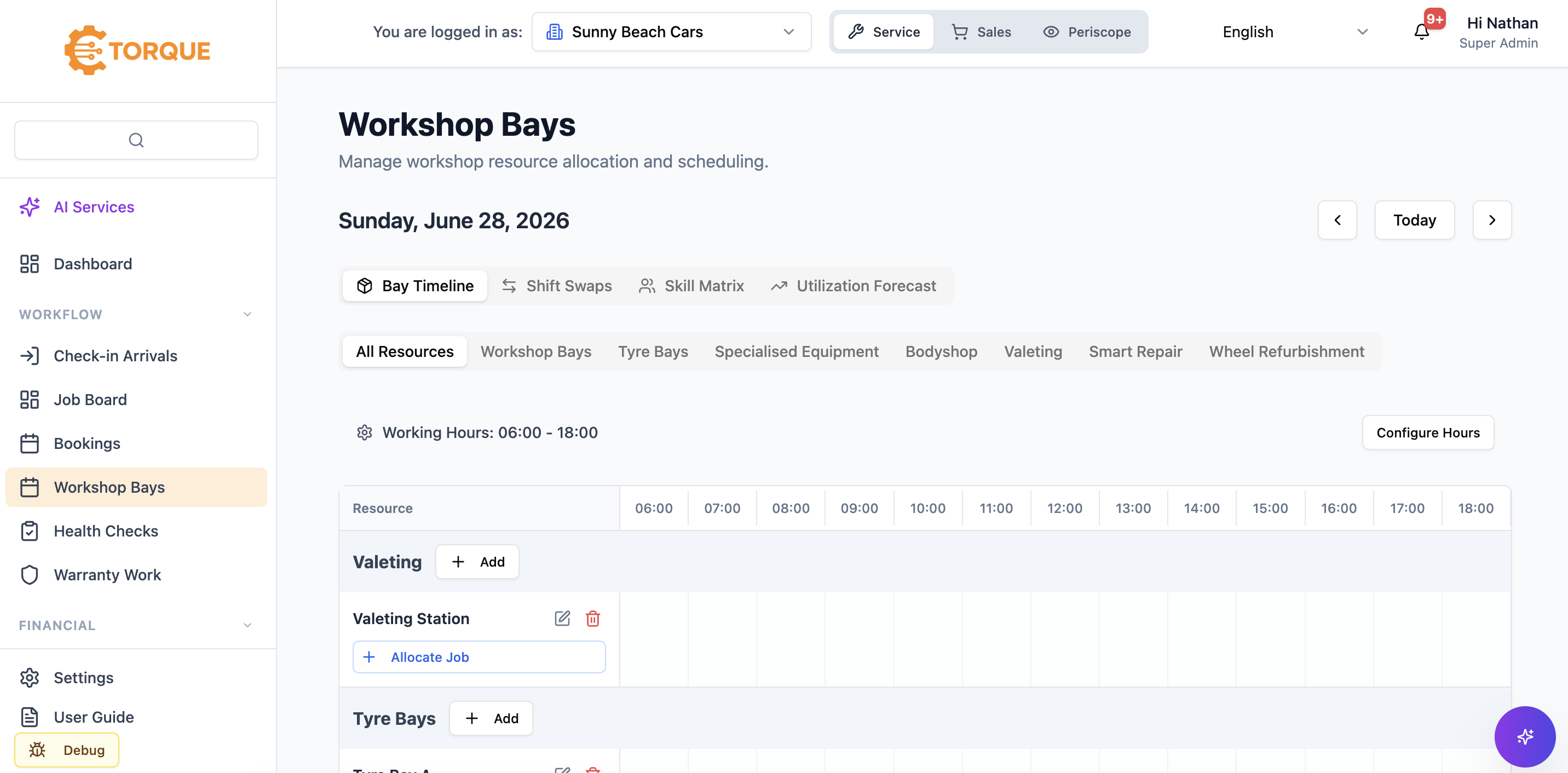 Workshop Bays bay timeline showing resource allocation across the day